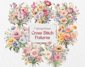 Flowering Cross Stitch Pattern Bundle Spring Bouquet Seven Floral Designs Botanical Needlework Charts Embroidery PDF Instant Download
