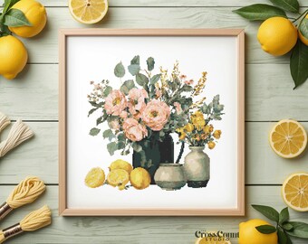 Lemon Cross Stitch Pattern Pink Flower PDF Botanical Still Life Vase Bouquet Kitchen Decor Embroidery Chart Instant Download