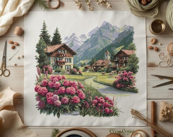 Flower Village Cross Stitch Pattern Mountain Landscape PDF Swiss Cottage Scene Floral Meadow Needlework Chart