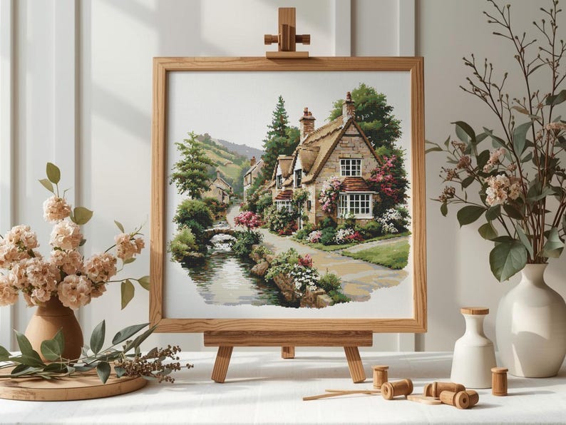 May include: A framed watercolor painting of a quaint village scene, featuring stone cottages with thatched roofs, lush greenery, and a flowing stream. The artwork is displayed on a wooden easel, with floral arrangements in the foreground.