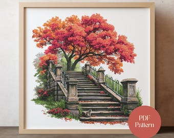 May include: A framed print of a watercolor painting featuring a stone staircase leading up to a large tree with vibrant red and orange leaves. The artwork includes a small cat and the text "PDF Pattern".