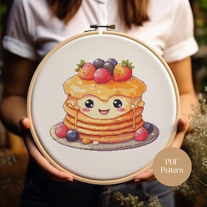 Kawaii Pancake Cross Stitch Pattern PDF Cute Breakfast Food Pattern with Berries Whipped Cream Easy DMC Stitch Chart for Beginners