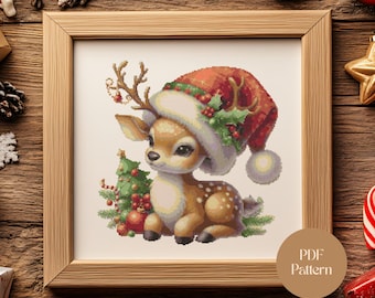 Christmas Reindeer Cross Stitch Pattern: Holiday Deer in Santa Hat (Digital PDF Chart)