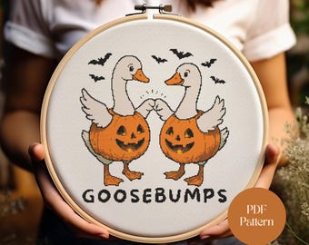 Halloween Goose Cross Stitch Pattern Animal: Funny Pumpkin Costume (PDF Pattern)