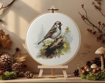 Sparrow Birding Cross Stitch Pattern Wildflower Bird PDF Embroidery Pattern Nature Wildlife Counted Cross Stitch Design