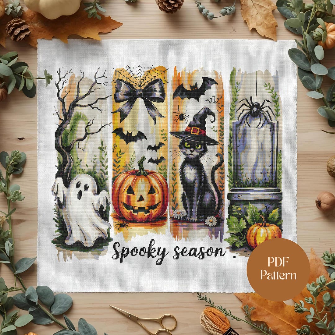Spooky Season Cross Stitch Pattern Halloween Ghost Pumpkin Cat Bat ...