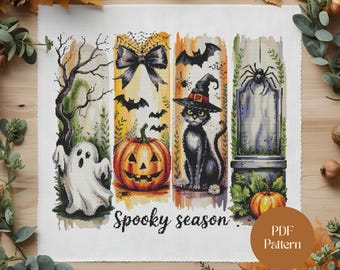 Spooky Season Cross Stitch Pattern Halloween Ghost Pumpkin Cat Bat Spider PDF Embroidery
