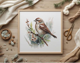Birding Cross Stitch Pattern Printable PDF Sparrow Bird Embroidery Chart Nature Wildlife Needlework Wall Art Design