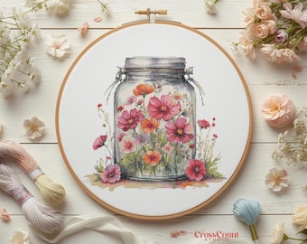 Wildflower Cross Stitch Pattern Pink and Orange Garden Bouquet in Glass Jar PDF Chart Summer Floral Embroidery Design