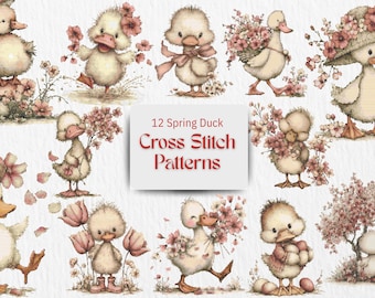 Spring Duck Cross Stitch Pattern Bundle Whimsical Duck Designs Cute Floral Ducks Embroidery Set