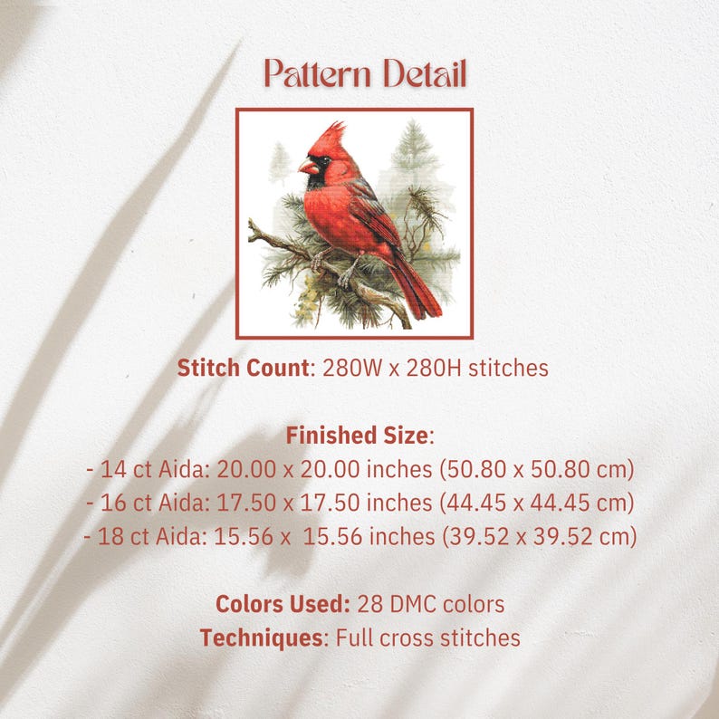 Cardinal Bird Cross Stitch Pattern PDF: Realistic Red Bird Embroidery ...