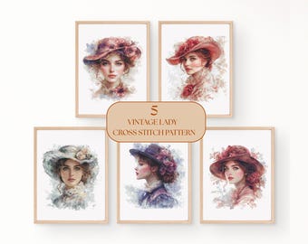 Vintage Lady Cross Stitch Pattern Set Elegant Woman Portrait PDF Pattern Bundle DMC Full Stitches Instant Download Embroidery Art