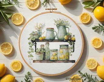 Lemon Kitchen Cross Stitch Pattern Rustic Shelf Jars Citrus Fruit Embroidery Design Farmhouse Decor Digital Download Chart