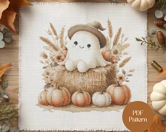 Boho Ghost Cross Stitch Pattern: Halloween Pumpkin & Flower Design (PDF Digital Download)