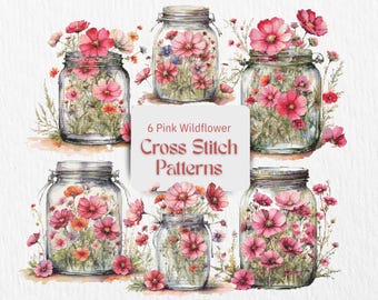 Mason Jar Flowering Cross Stitch Pattern Bundle Floral Bouquet Collection PDF Charts Cottage Garden Embroidery Designs