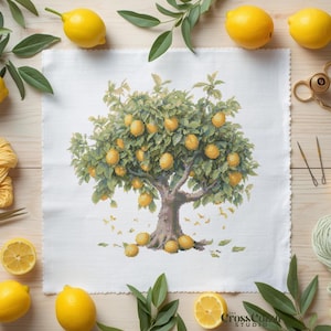 Patrón de punto de cruz de limonero, gráfico de bordado de árbol frutal cítrico, diseño botánico en PDF para descarga instantánea