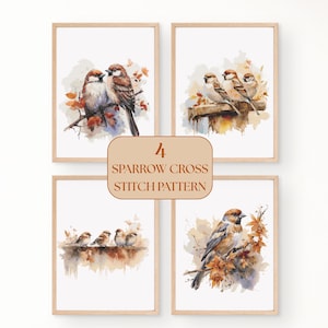 Può includere: Quattro stampe incorniciate ad acquerello con illustrazioni di passeri. Ogni stampa mostra passeri appollaiati su rami o una trave di legno, circondati da foglie autunnali. Il testo "4 SPARROW CROSS STITCH PATTERN" è visualizzato su uno sfondo beige.