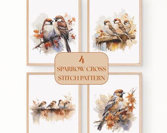 Cross Stitch Pattern Bundle Set Autumn Sparrow Bird Cross Stitch PDF Digital Download Fall Bird Embroidery Needlework Hand Sewing Pattern