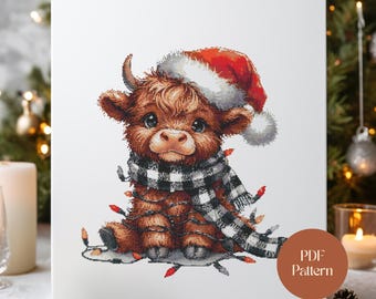 Christmas Highland Cow Cross Stitch Pattern – Cute Cow in Santa Hat & Scarf PDF | Holiday Animal Embroidery Chart