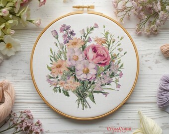 Floral Bouquet Cross Stitch Pattern PDF Romantic Flower Embroidery Chart Vintage Botanical Needlework Instant Download