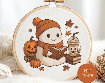 Mönsterbok med söta spöken och korsstygn: Spöklikt höst- och halloweenkaffe (PDF digital nedladdning)