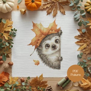 Op de afbeelding: Een kruissteekpatroon met een schattige egel die achter een wit canvas vandaan piekt, met een groot oranje esdoornblad op. Het ontwerp is omgeven door herfstbladeren, pompoenen en de tekst "PDF Pattern".