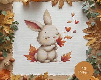 Motif de point de croix lapin d'automne PDF : joli motif de broderie lapin d'automne | Couture douillette d'animaux de la forêt pour débutants (téléchargement PDF)