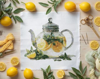 Lemon Teapot Cross Stitch Pattern Printable PDF Floral Kitchen Decor Embroidery Chart Citrus Still Life Needlework Design