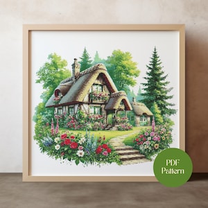 House Cross Stitch Pattern PDF - Instant Download | Flower Garden Landscape XStitch