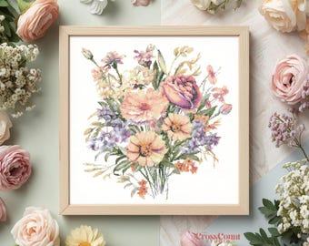 Bouquet Cross Stitch Pattern Flower Vintage Flowers Digital PDF Chart Romantic Garden Needlework Design