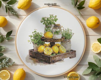 Lemon Cross Stitch Pattern Printable PDF Rustic Kitchen Still Life Citrus Herbs Embroidery Chart Farmhouse Decor Design