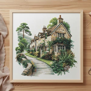 Bundle of ten English village cottage house cross stitch designs featuring charming country homes surrounded by flowers, gardens, and trees. This countryside embroidery set uses full cross stitches and rich color detail, ideal for classic home decor, landscape stitching, and traditional cottage themed needlework projects.