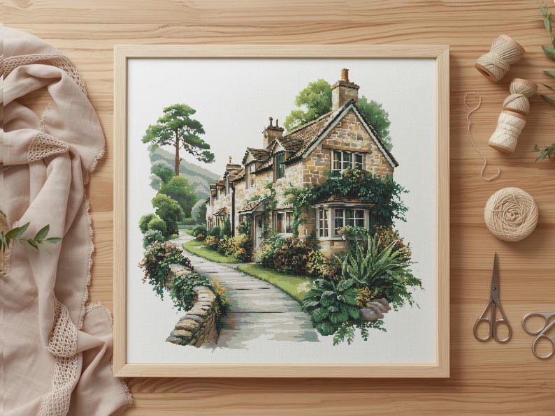 Bundle of ten English village cottage house cross stitch designs featuring charming country homes surrounded by flowers, gardens, and trees. This countryside embroidery set uses full cross stitches and rich color detail, ideal for classic home decor, landscape stitching, and traditional cottage themed needlework projects.