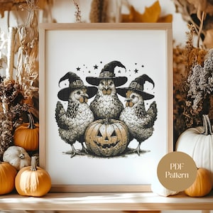 Witchy Chicken Cross Stitch Pattern: Halloween Farmhouse Embroidery (PDF Pattern)