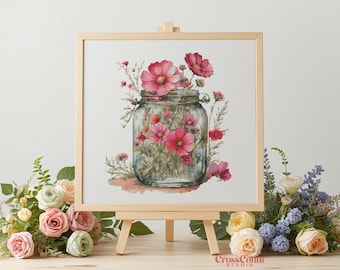 Flowering Cross Stitch Pattern Poppy Coral Pink Flowers in Glass Jar PDF Chart Country Garden Floral Embroidery Design