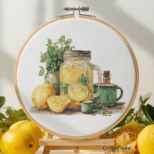Gráfico de ponto cruz em PDF para decoração de cozinha com limão em pote de vidro - Ideal para bordar natureza morta e frutas cítricas - Download instantâneo
