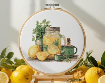 Lemon Mason Jar Cross Stitch Pattern PDF Kitchen Still Life Embroidery Chart Citrus Home Decor Instant Download