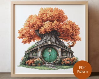 Autumn House Cross Stitch Pattern - Cottagecore Fall Scene Digital File | Large Pattern File