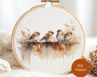 Autumn Sparrow Cross Stitch Pattern: Cottagecore Bird Needlework (PDF Download)