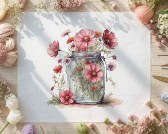 Poppy Mason Jar Cross Stitch Pattern Pink Floral Bouquet PDF Chart Vintage Glass Jar Flower Embroidery Design
