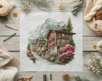 Mountain Cross Stitch Pattern Village Landscape PDF Swiss Cottage Scene Floral Meadow Needlework Chart