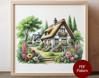 May include: A framed cross-stitch pattern of a cottage with a thatched roof, surrounded by a lush garden of flowers and trees. The artwork features a detailed, colorful design with the text "PDF Pattern" on a red circle.