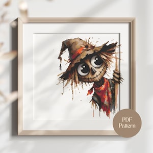 Peeking Scarecrow Cross Stitch Halloween Autumn Fall Rustic Cute Farm Embroidery Chart PDF Digital Download Full DMC Stitches