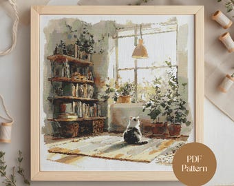 Prenota lo schema per punto croce, design per ricamo per interni di casa accogliente con gatto in formato PDF per gli amanti dei gatti e decorazioni in stile cottage (download PDF)