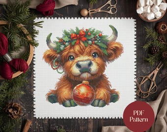 Highland Cow Cross Stitch Pattern Christmas – Cute Holiday Calf with Ornament PDF Chart | Festive Embroidery Design
