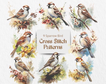 Sparrow Cross Stitch Pattern Bundle Bird Embroidery PDF Set Watercolor Wildlife Floral Nature Counted Cross Stitch Designs