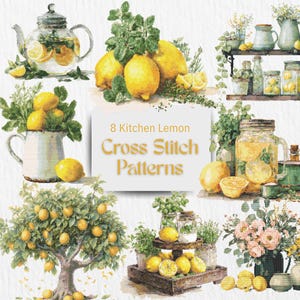 May include: Watercolor illustration featuring various kitchen-themed elements. Includes a teapot, lemons, jars, and a lemon tree. The text reads "8 Kitchen Lemon Cross Stitch Patterns."