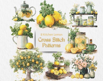 Lemon Cross Stitch Pattern Bundle Printable PDF Citrus Kitchen Designs Farmhouse Decor Embroidery Charts Fruit Still Life Set