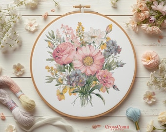 Spring Flower Cross Stitch Pattern Pastel Garden Flowers Botanical Needlework Chart Embroidery PDF Instant Download