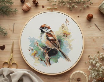 Birding Cross Stitch Pattern Sparrow Branch Nature Embroidery Design Vintage Style Wildlife Art Printable Digital Download Chart